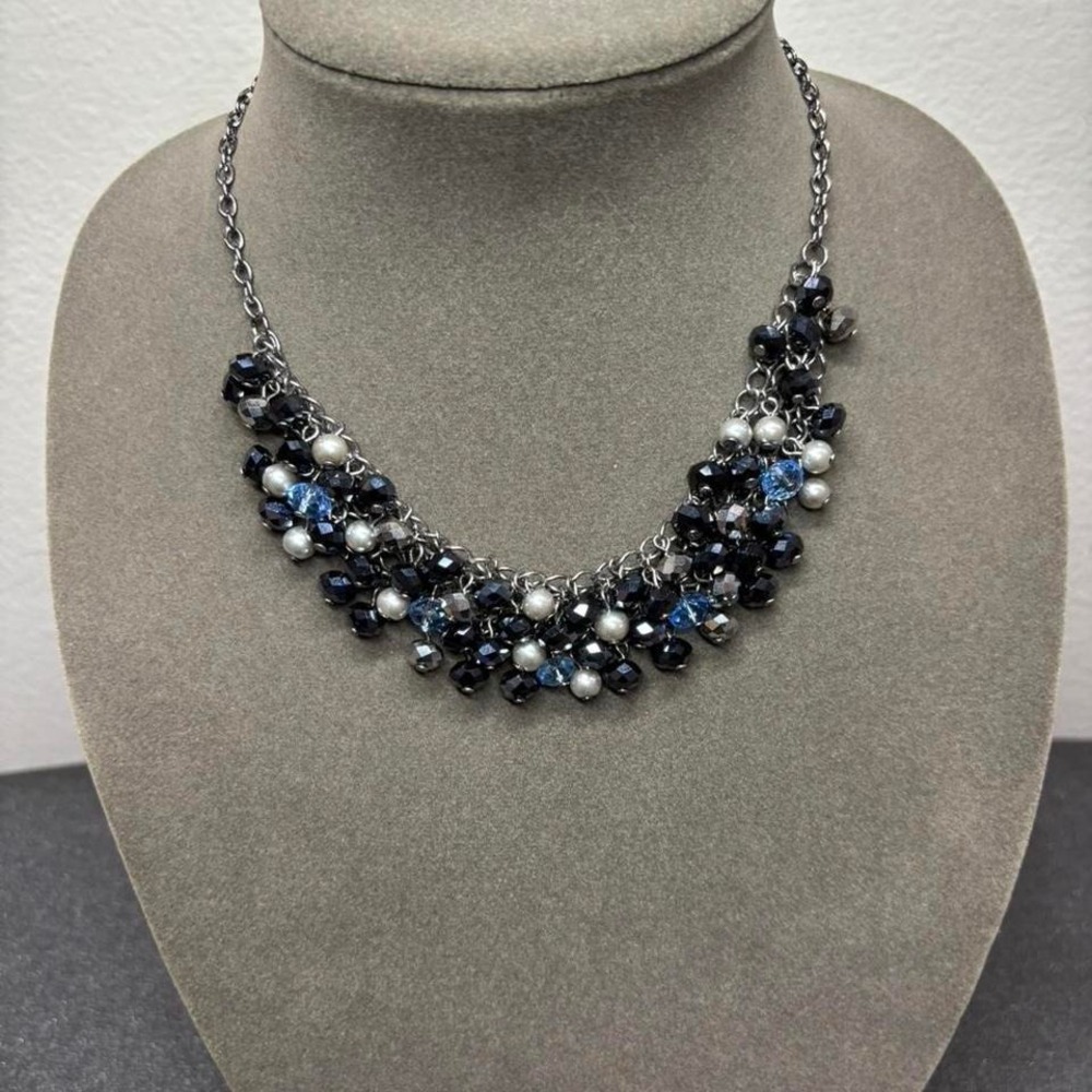 Blue and silver beaded necklace glam whimsy goth